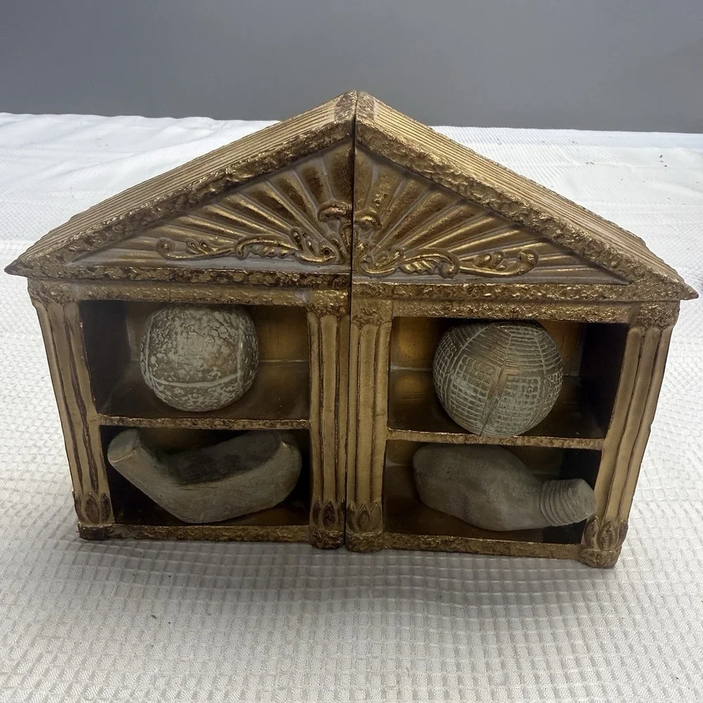 Vintage Gold Neoclassical Greek Temple Architecture Golf Club Ball Bookends Pair